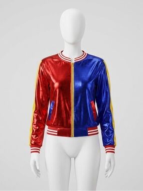 Harley Quinn jacket only Two-Tone Metallic Varsity Bomber Jacket- Red & Blue Med